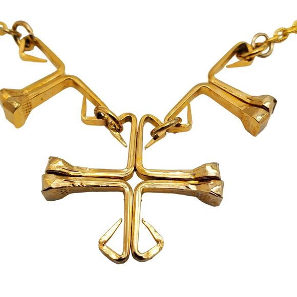 Brutalist Cross Pendant Necklace Gold Tone Chain Horse Nail Christian Religious - Picture 3 of 8